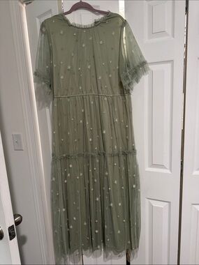 Sage Green Star-Embroidered Tulle Maxi Dress